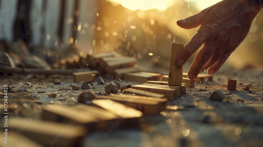 Poster a person playing with wooden blocks on the ground. suitable for educational and childhood developmen
