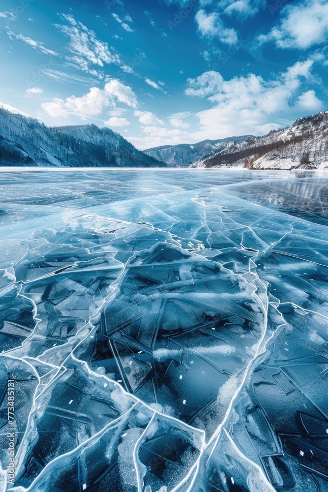 Aufkleber scenic view of frozen lake with majestic mountain backdrop. ideal for nature and winter themed proje
