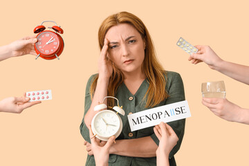 Mature woman experiencing menopause and hands with things on beige background