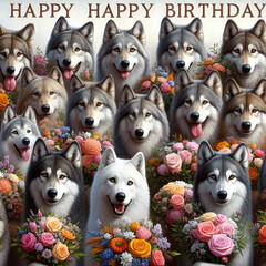 Greeting card "Happy birthday". There are a lot of wolves with bouquets of flowers.