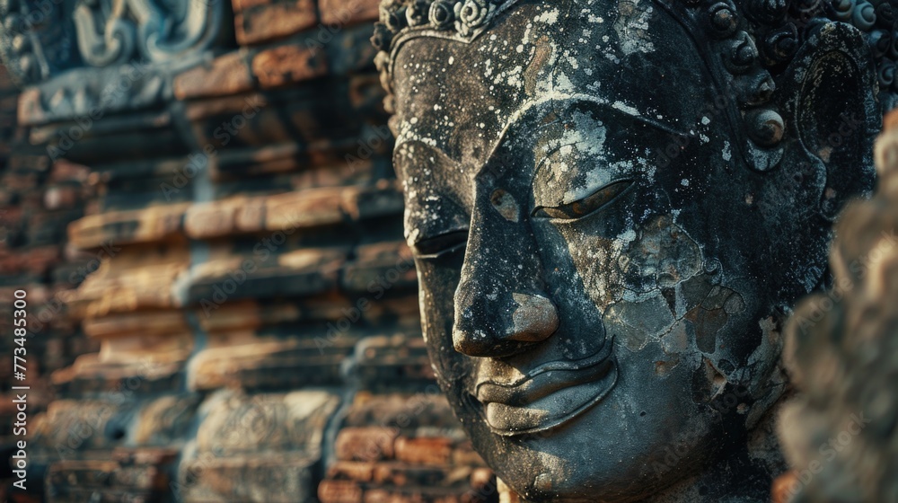 Poster Close up of a statue with a brick wall in the background. Suitable for architectural themes