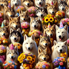 Greeting card Happy birthday. There are a lot of wolves with bouquets of flowers.