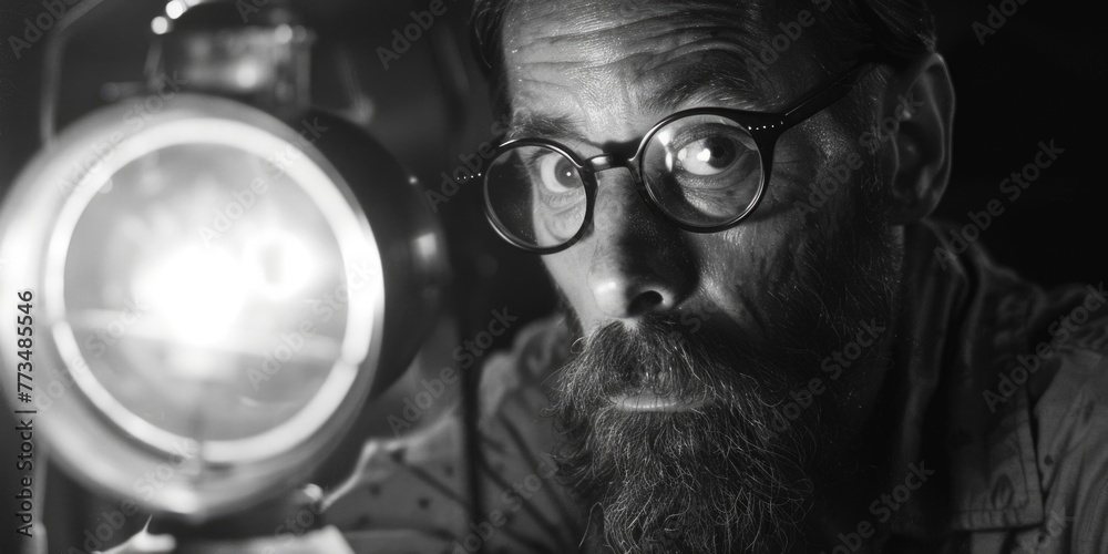 Poster a man holding a light source in a black and white photo. suitable for various projects