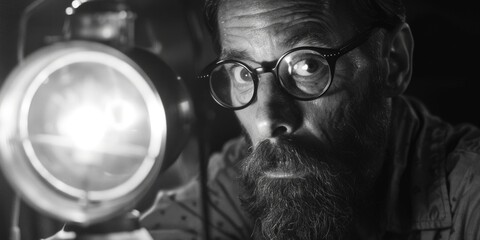 A man holding a light source in a black and white photo. Suitable for various projects