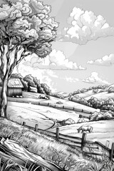 Black and white drawing of a peaceful rural landscape, suitable for various design projects
