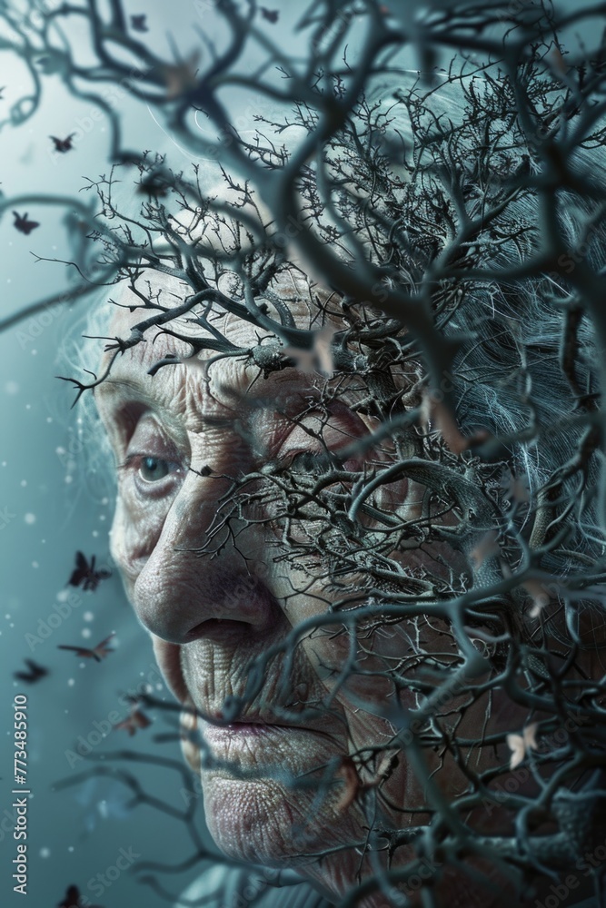 Poster an old man surrounded by branches and birds. suitable for nature and wildlife concepts