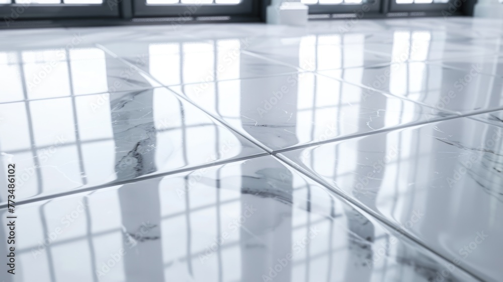 Aufkleber A simple white tiled floor with a window in the background. Suitable for interior design concepts