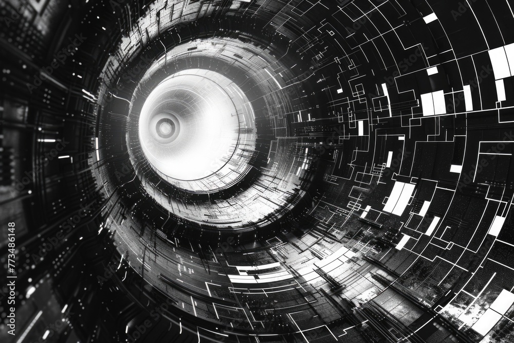 Poster a striking black and white image of a spiral staircase. perfect for architectural design projects