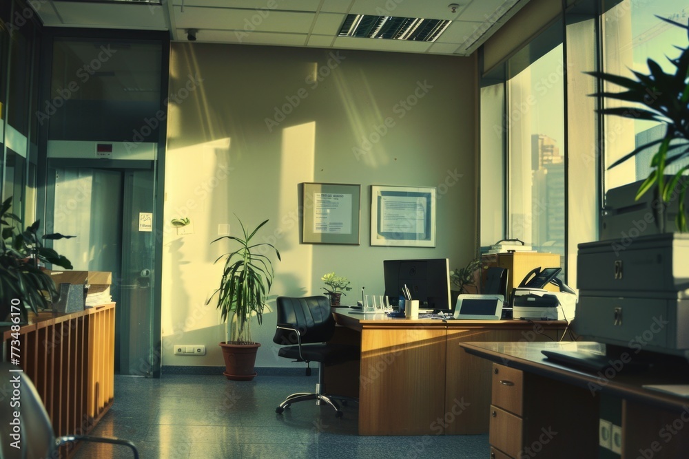 Aufkleber a simple office setup with a desk, chair, and computer monitor. suitable for business or technology 