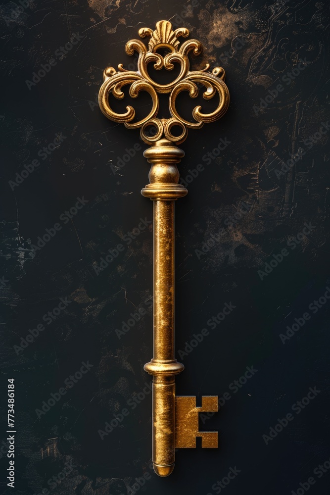 Aufkleber A shiny golden key on a dark black background. Ideal for concepts of security and unlocking potential