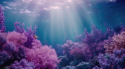 Colorful coral reef with sunbeams, ideal for marine themes