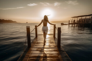 Fototapeta premium A woman silhouetted against a golden sunset, standing on a dock overlooking serene waters, creating a tranquil scene