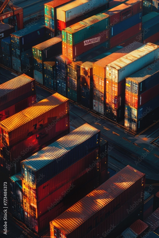 Poster a large group of containers sitting on top of a train track. ideal for transportation industry conce