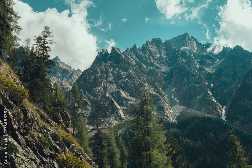 Poster scenic view of mountain range with trees, perfect for nature and landscape projects