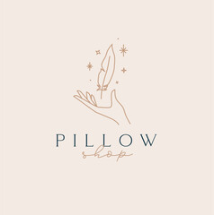 Hand with feather and lettering pillow shop drawing in linear style on beige background