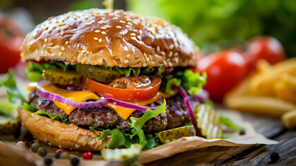 a juicy cheeseburger with a sesame seed bun, layered with fresh ingredients.