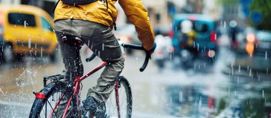 Poster Vélo Portrait of a man riding a bicycle on a city street during heavy rain