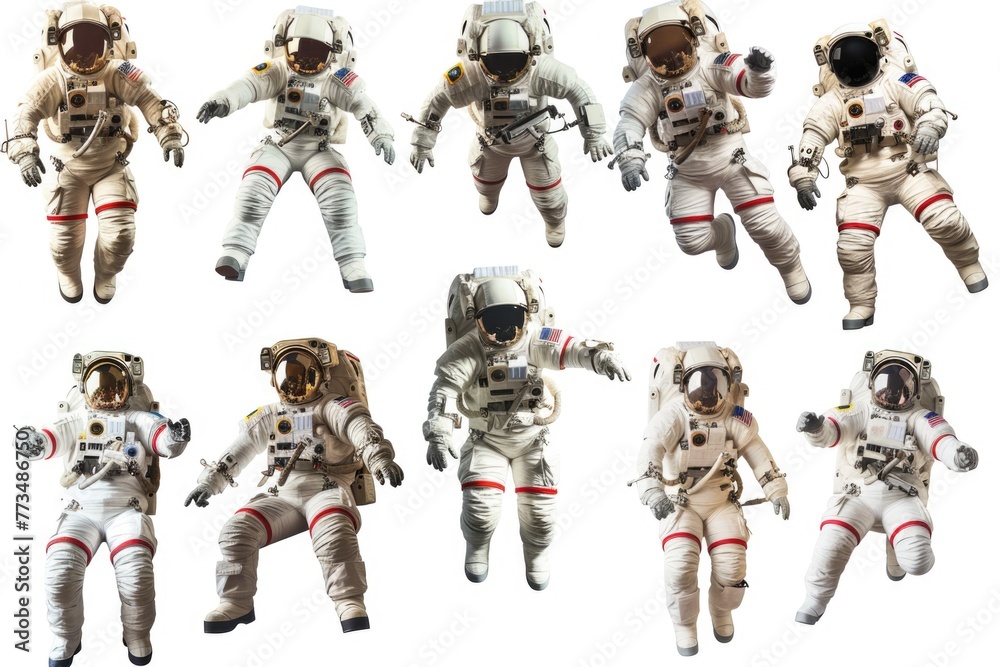 Poster Collection of images featuring astronauts in spacesuits. Suitable for educational materials and science-related projects