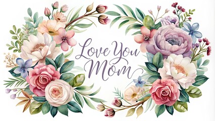 Showcasing Mom's Love: Elegant Floral Frame with 'Love You Mom' Text for Mother's Day - obrazy, fototapety, plakaty