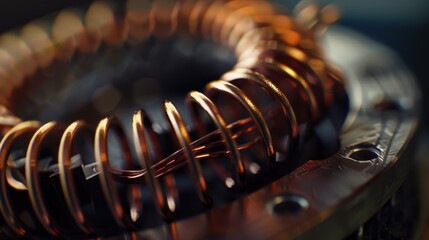 Detailed close up of a copper coil, ideal for industrial designs - obrazy, fototapety, plakaty