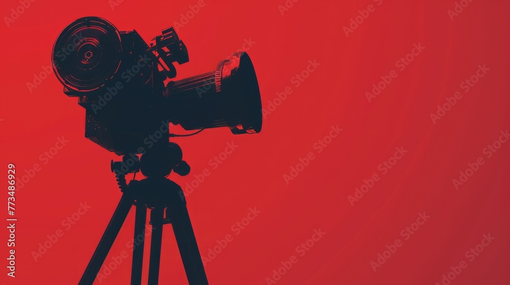 Poster a camera on a tripod against a vibrant red background. ideal for photography and technology concepts