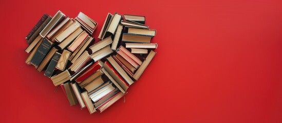Obraz premium Books Form a Heart Shape on a red Background. Education concept.