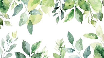 A beautiful watercolor painting of green leaves on a white background. Perfect for botanical illustrations or nature-themed designs - obrazy, fototapety, plakaty