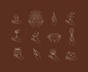 Hands with elements nail polish, pizza, pen, ink, feather, dandelion, crystal, bowl, dishes, whisk, box, pencil, seashell, envelope drawing in linear style on brown background