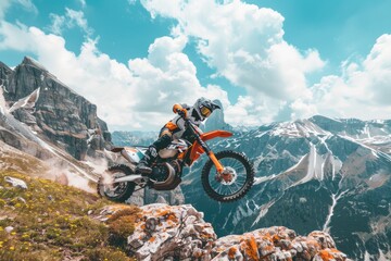 An adventurous man riding a dirt bike on a mountain top. Suitable for outdoor and extreme sports concepts - obrazy, fototapety, plakaty