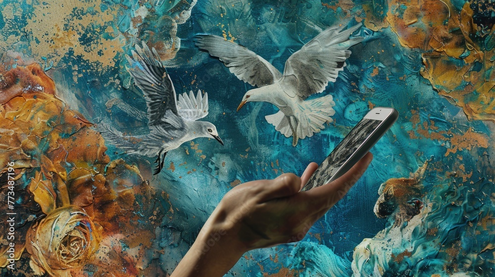 Poster a person holding a cell phone in front of a painting. suitable for technology and art concepts