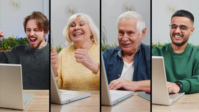Collage of smiling happy people portraits diverse gender, different cultures, ages, ethnicity. Man women use laptop computer celebrate success win money play lottery game get online good news at home