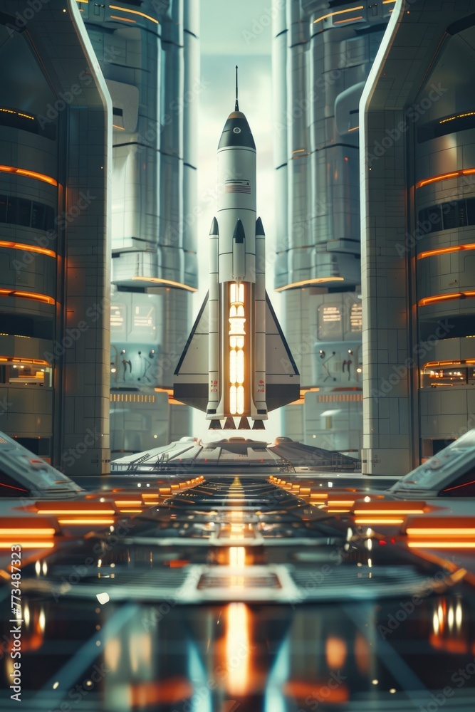 Poster a futuristic cityscape featuring a space shuttle. ideal for science fiction and technology concepts
