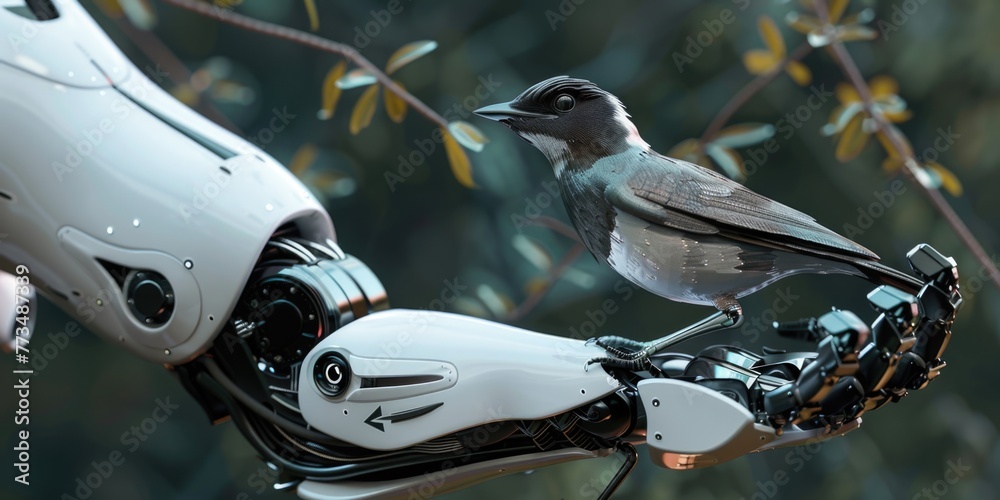 Aufkleber a bird sitting on the arm of a robot. suitable for technology concepts