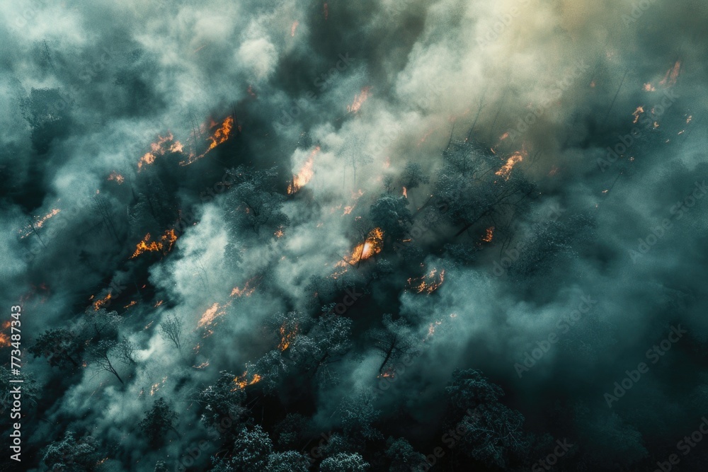 Poster a large amount of smoke rising from a forest. can be used for environmental or disaster-related proj