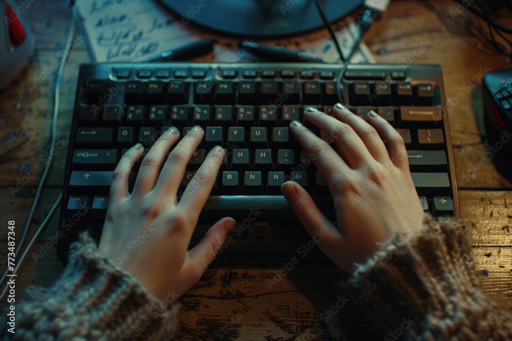 Aufkleber Person using keyboard at table, suitable for technology concepts