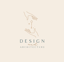 Hand with key and lettering design and architecture drawing in linear style on beige background