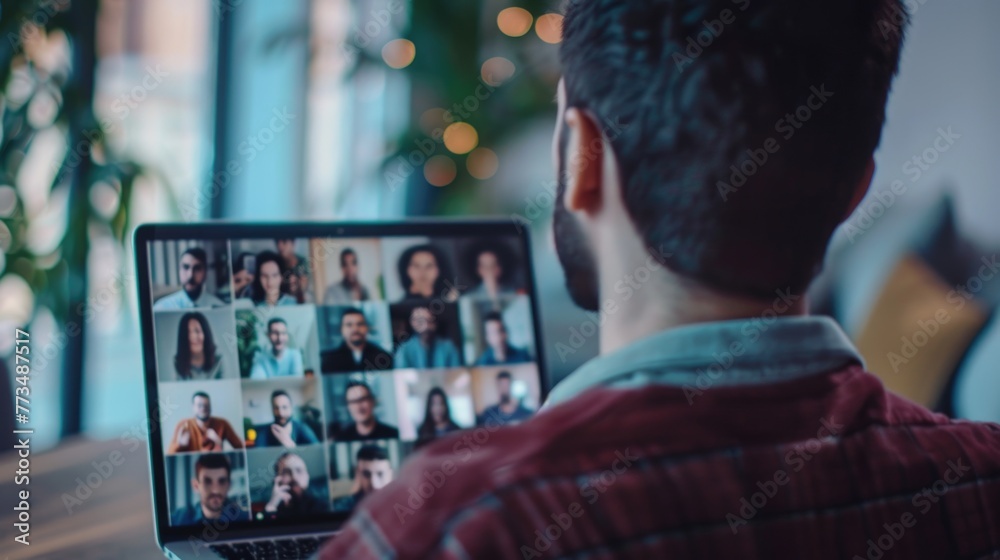 Poster A man sitting in front of a laptop with a group of people displayed on the screen. Suitable for business and technology concepts