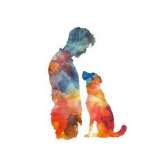 abstract colour silhouette of man and dog vector illustration in watercolour style