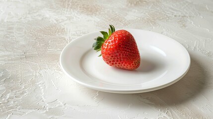 minimalist composition, featuring a single ripe strawberry precisely centered on a clean, white ceramic plate - obrazy, fototapety, plakaty