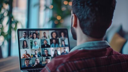 A man sitting in front of a laptop with a group of people displayed on the screen. Suitable for business and technology concepts - obrazy, fototapety, plakaty