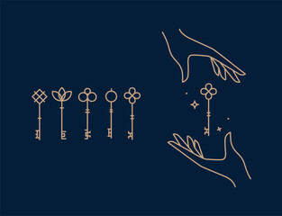 Key collection composition with hands drawing in linear style on blue background