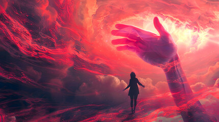 Anime-style Hand Reaching Out Toward Red Clouds - obrazy, fototapety, plakaty