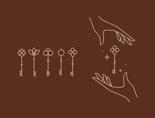 Key collection composition with hands drawing in linear style on brown background