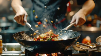 A person cooking food in a wok on a stove. Great for culinary concepts