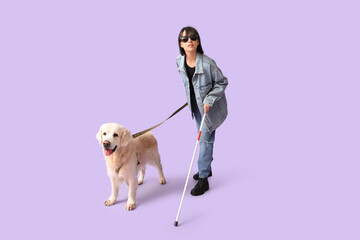 Blind woman with guide dog on lilac background