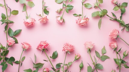 Beautiful pink roses and green leaves on a pink background. Perfect for spring or nature-themed designs