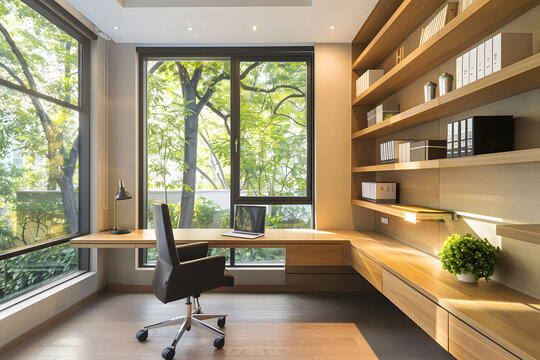 A modern home office with a minimalist desk, chair and floating shelves made of light wood against white walls, a large window showing greenery outside with clean lines and natural lighting.