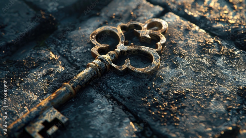 Poster old rusty key on textured stone surface, perfect for rustic or vintage themed designs