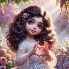 Cute little girl with her fingers in the shape of a heart on a background of flowers