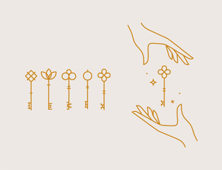 Key collection composition with hands drawing in linear style on light background